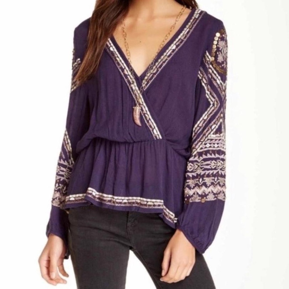 Free People Stitch Up Your Heart Purple Beaded Embroidered Blouse | Size Medium